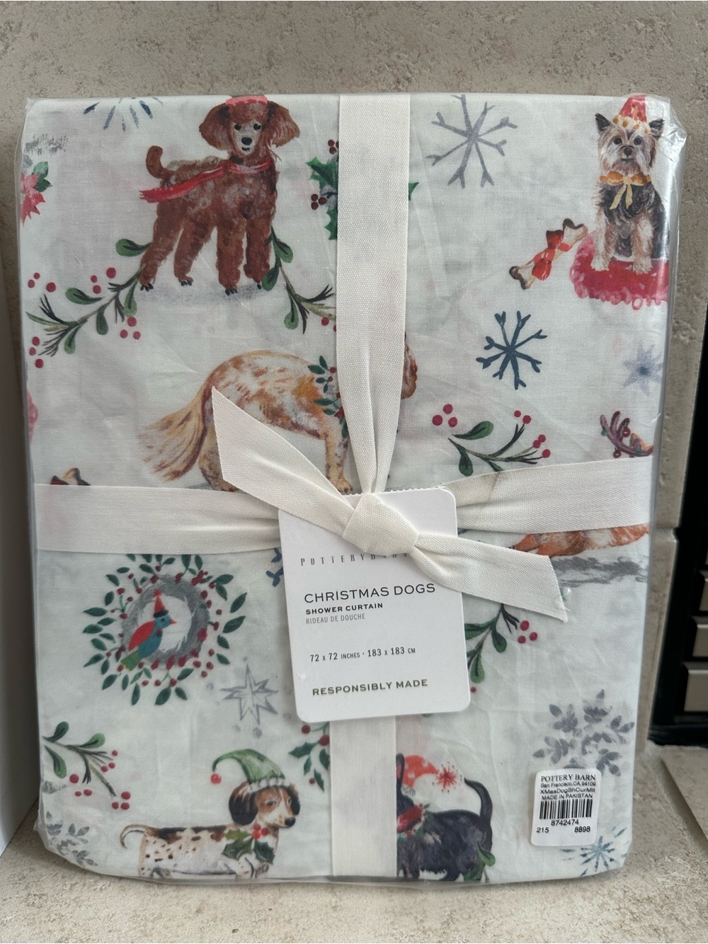 Pottery Barn Christmas Dogs Shower Curtain 72x72” Square Vintage Retro Vibe
